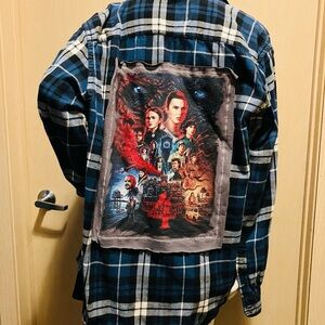American Eagle Outfitters Blue Plaid Stranger Things Upcycled Flannel Shirt M